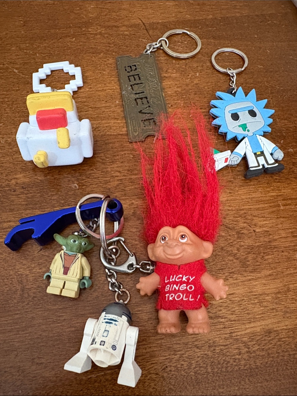 Vintage Lucky Brand Bingo Troll Red Hair Keychain with Mixed Charms